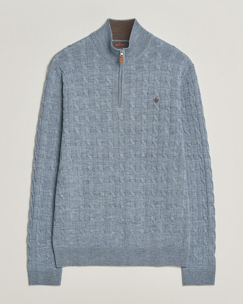 Morris Merino Cable Half Zip Light Blue – Blauw