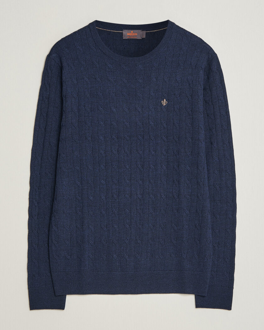 Morris Merino Cable O-Neck Navy – Blauw