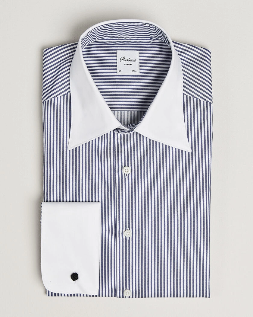 Stenströms Slimline White Collar Stripe Whinchester Shirt Blue – Blauw