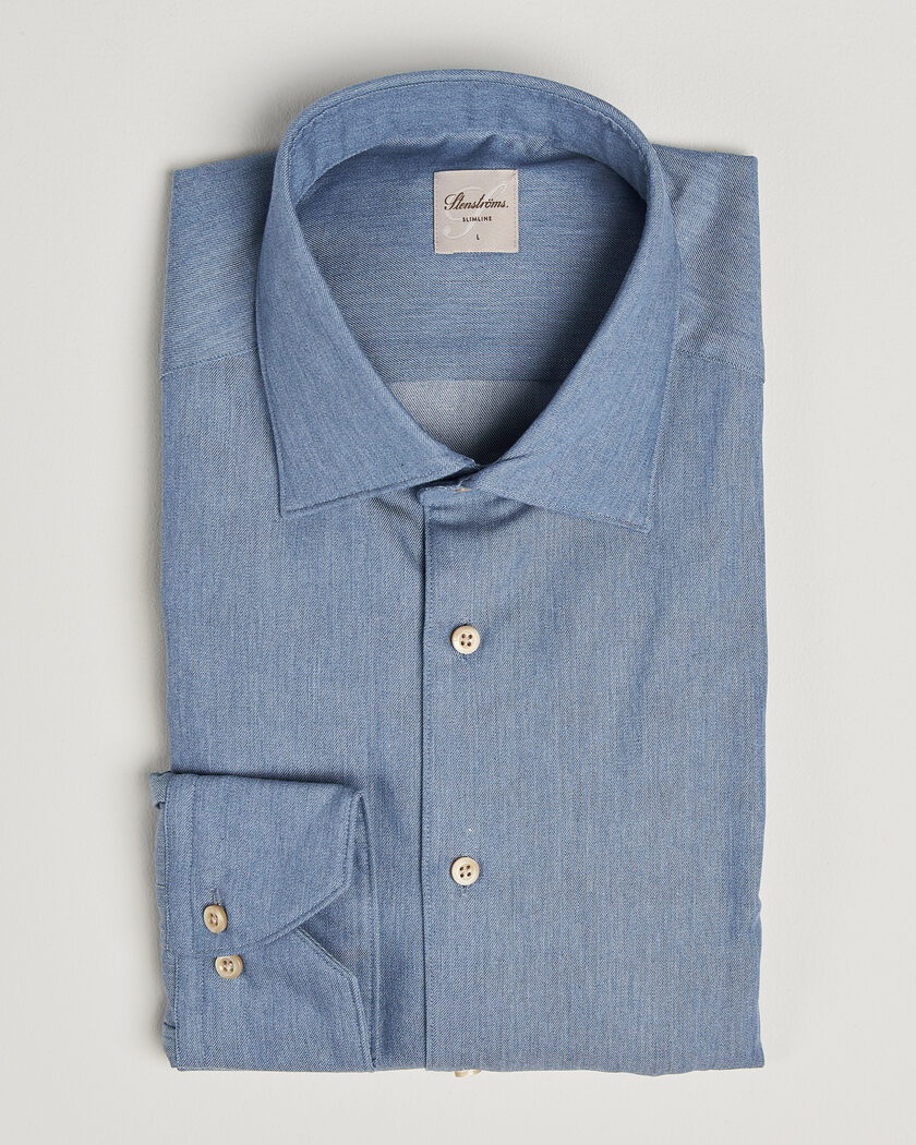  Stenströms Slimline Cotton Twill Denim Shirt Blue – Blauw