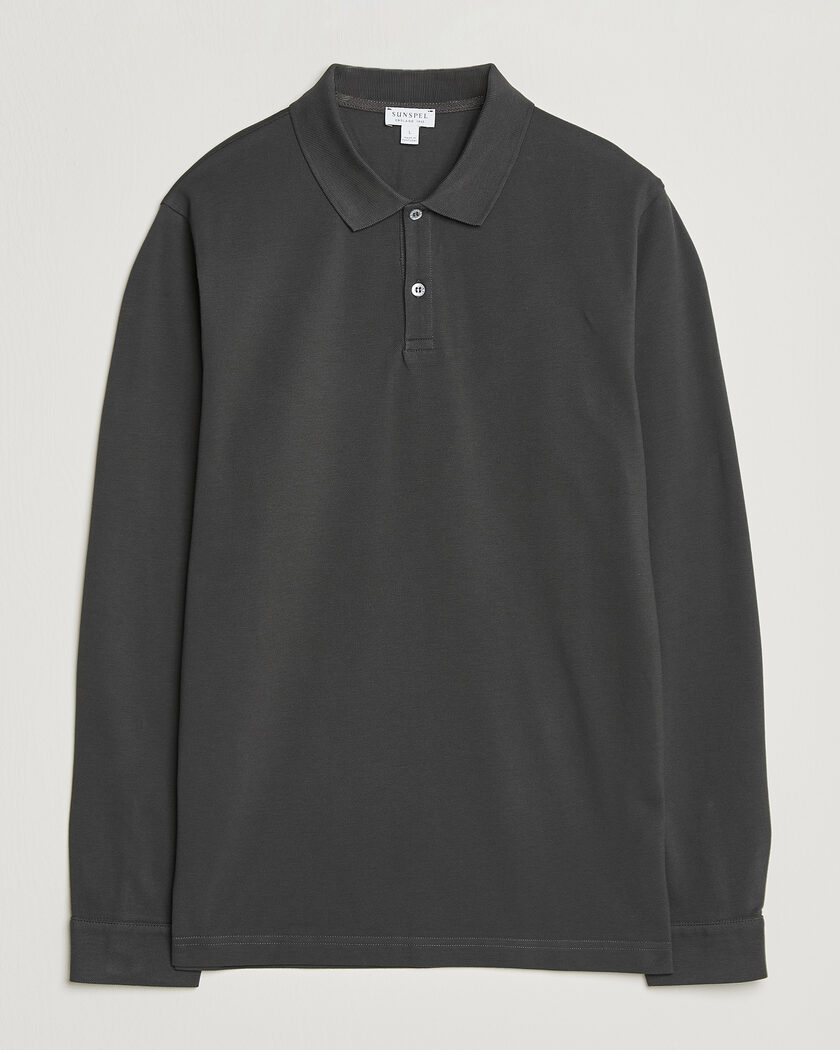 Sunspel Supima Cotton Long Sleeve Pique Polo Anthracite – Grijs