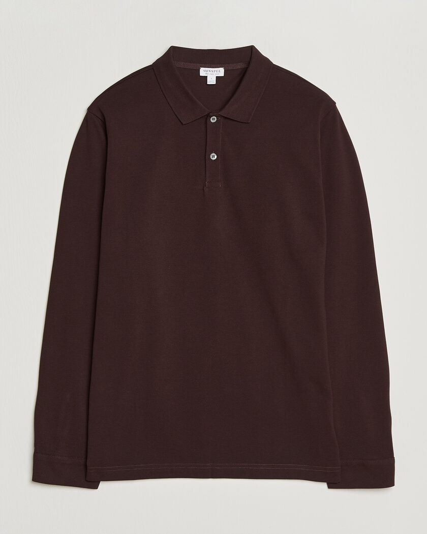 Sunspel Supima Cotton Long Sleeve Pique Polo Dark Brown – Bruin