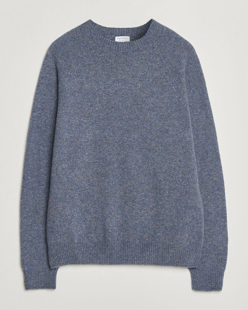Sunspel Lambswool Crew Neck Denim Twist – Blauw