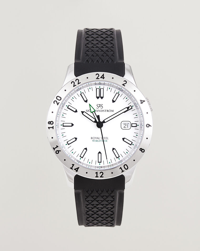 Sjöö Sandström Royal Steel Worldtimer 41mm Black Rubber White Dial – Wit
