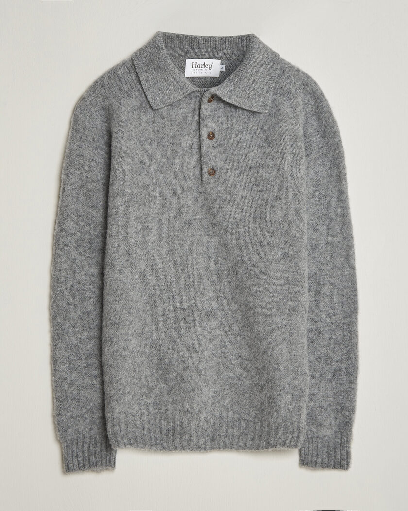Harley Of Scotland Brushed Supersoft Lambswool Polo Mid Grey – Grijs