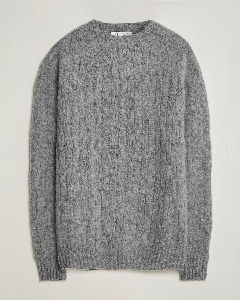 Harley Of Scotland Brushed Supersoft Lambswool Cable Mid Grey – Grijs