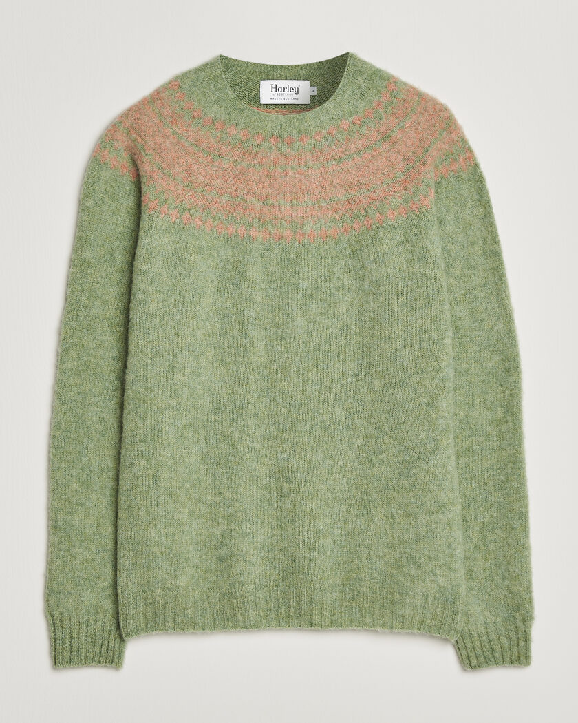 Harley Of Scotland Brushed Supersoft Lambswool Yolk Fairisle Sage/Parfait – Groen