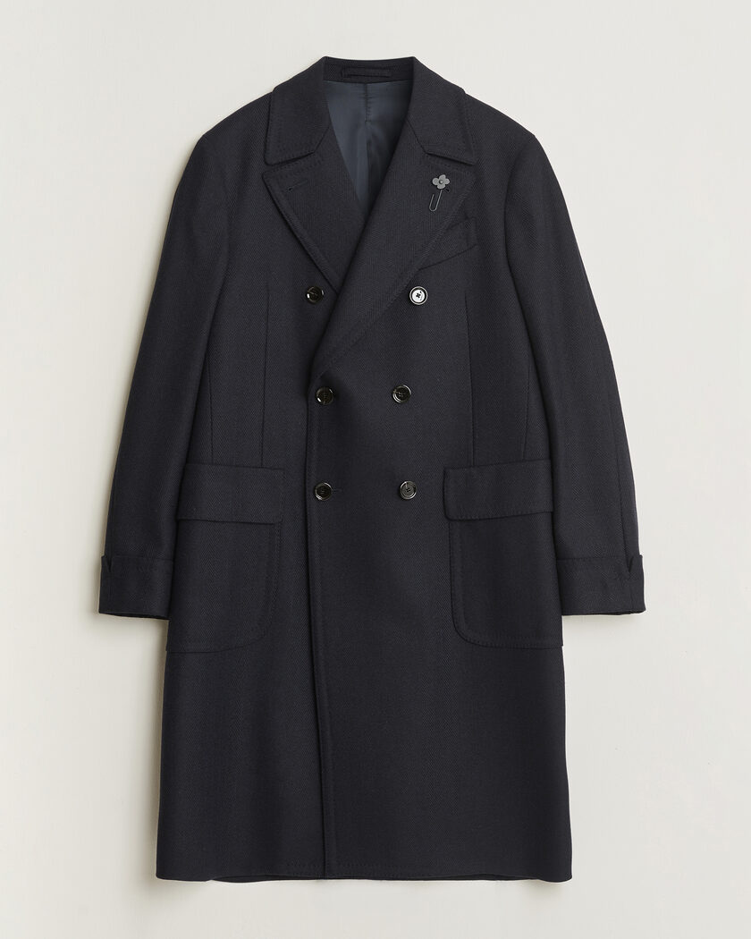 Lardini Ulster Wool/Cashmere Tonal Herringbone Coat Navy – Blauw