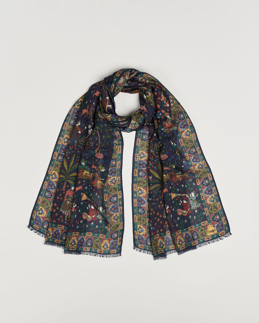 Drake's Mughal Garden Wool/Silk Scarf Navy – Blauw