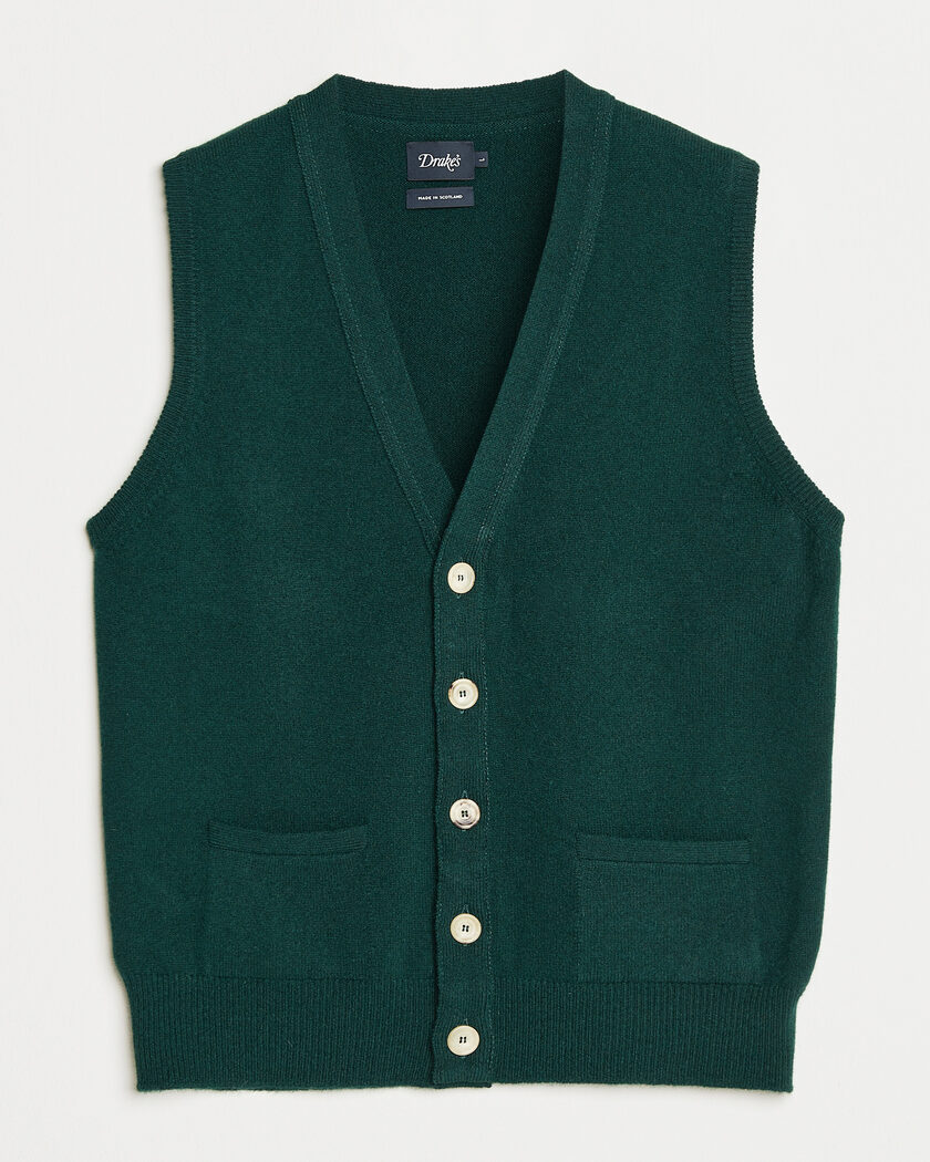 Drake's Lambswool Vest Cardigan Green – Groen