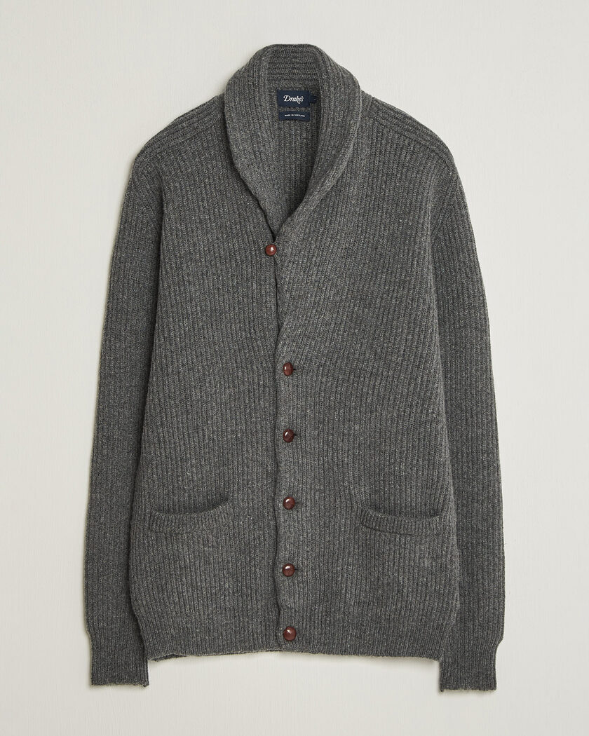 Drake's Lambswool Shawl Collar Rib Cardigan Grey – Grijs