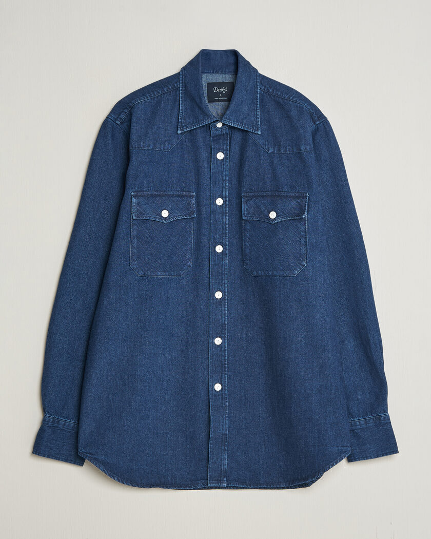 Drake's Western Selvedge Denim Shirt Stone Wash Indigo – Blauw
