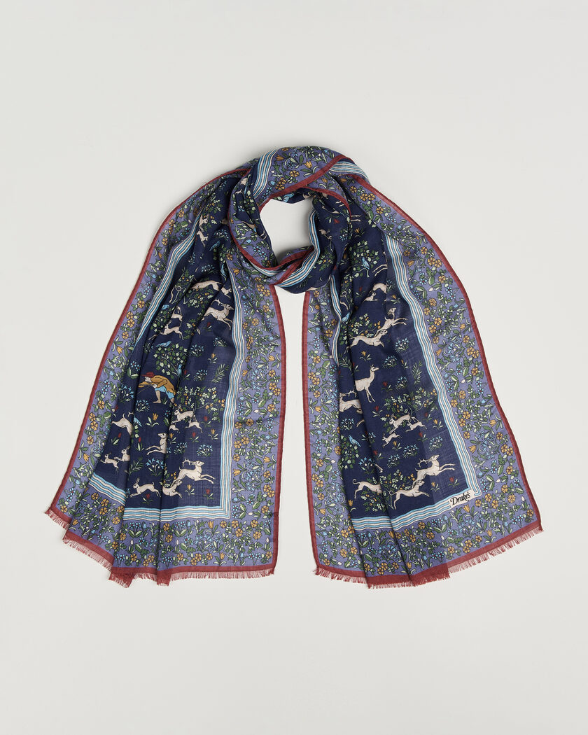 Drake's Archival Animals Wool/Silk Scarf Navy – Blauw