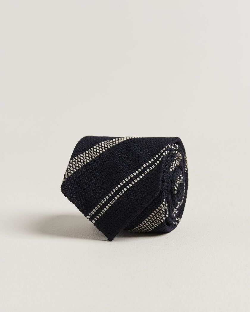 Drake's Striped Grenadine Tie Navy/White – Blauw