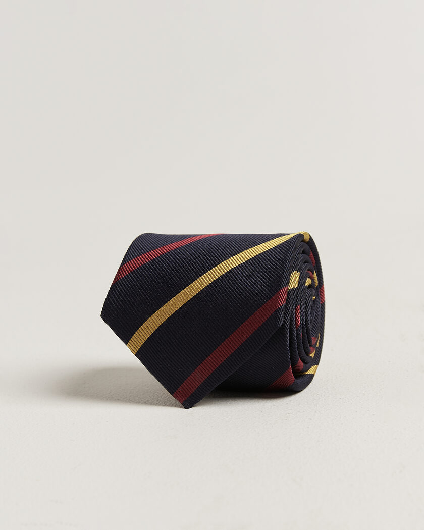 Drake's Line Stripe Super Reppe Tie Navy/Red/Yellow – Blauw