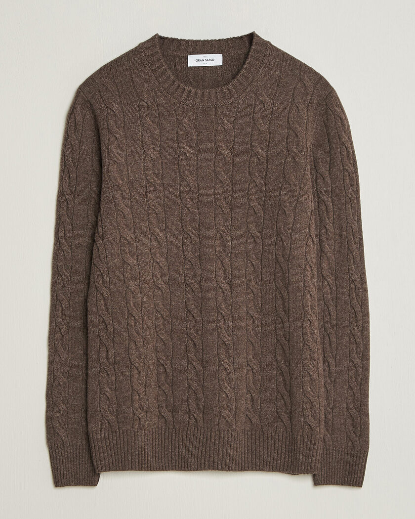 Gran Sasso Wool/Cashmere Cable Crew Neck Dark Brown Melange – Bruin