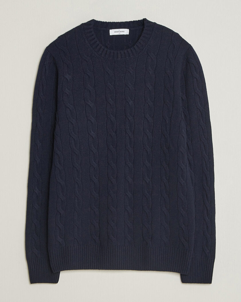 Gran Sasso Wool/Cashmere Cable Crew Neck Navy – Blauw