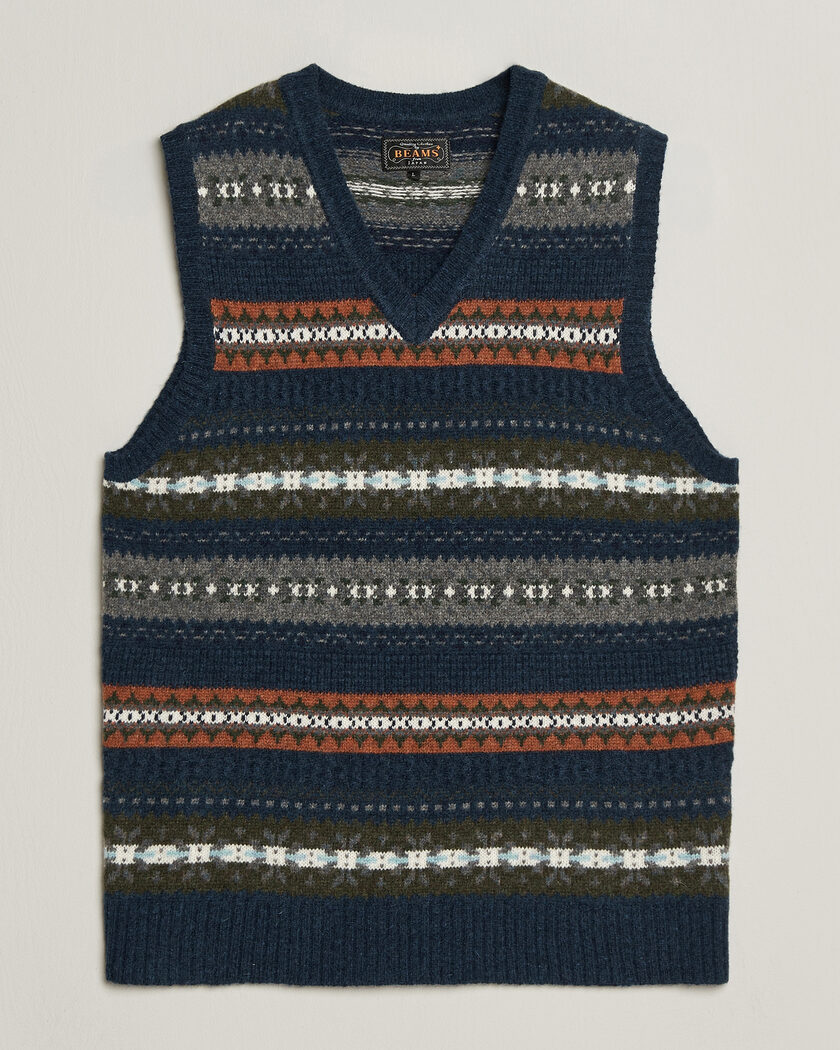BEAMS PLUS Fair Isle Knit Vest Navy – Blauw
