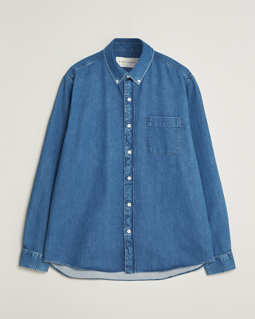A Day's March Original Button Down Denim Shirt Mid Blue – Blauw