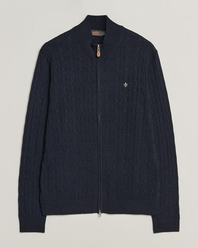 Morris Merino Cable Zip Cardigan Navy