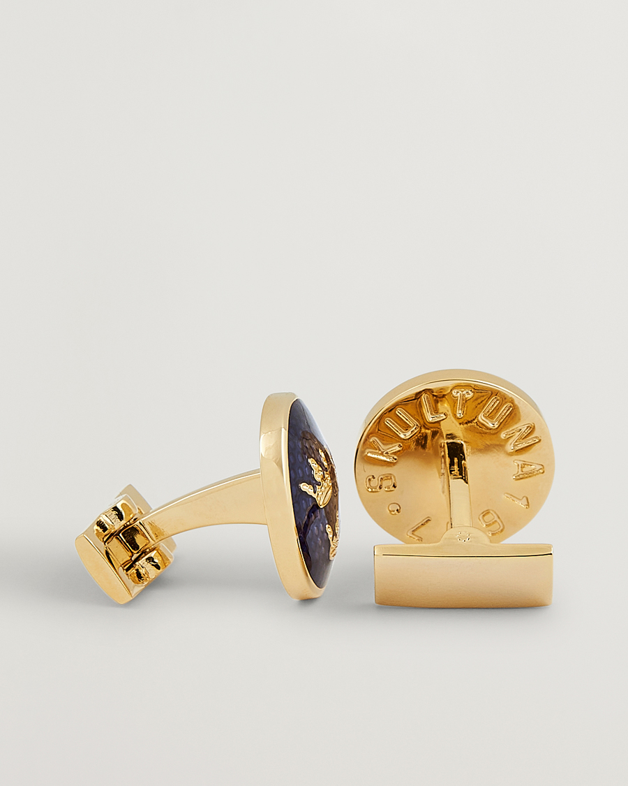 Heren | Zwarte stropdas | Skultuna | Cuff Links Tre Kronor Gold/Royal Blue