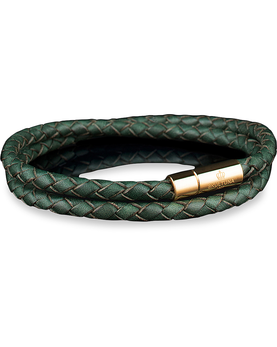 Heren | Skultuna Two Row Leather Bracelet Dark Green Gold | Skultuna | Two Row Leather Bracelet Dark Green Gold