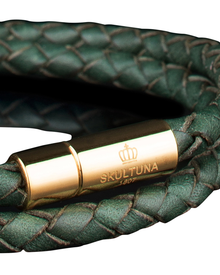 Heren | Skultuna Two Row Leather Bracelet Dark Green Gold | Skultuna | Two Row Leather Bracelet Dark Green Gold