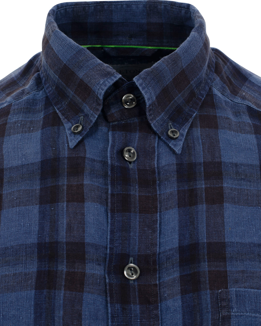 Heren | Overhemden | Eton | Slim Fit Shirt Green Ribbon Linen Check Navy