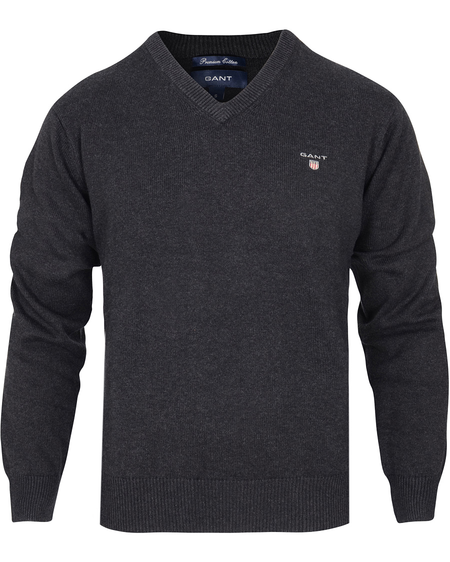 Heren | Truien | GANT | Solid Cotton V-neck Dark Charcoal Melange