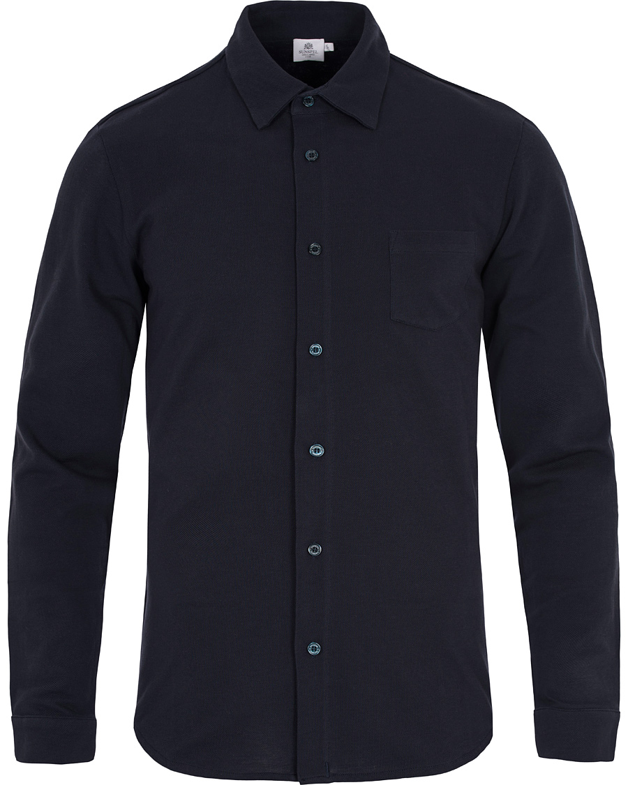 Heren | Overhemden | Sunspel | Long Sleeve Pique Shirt Navy