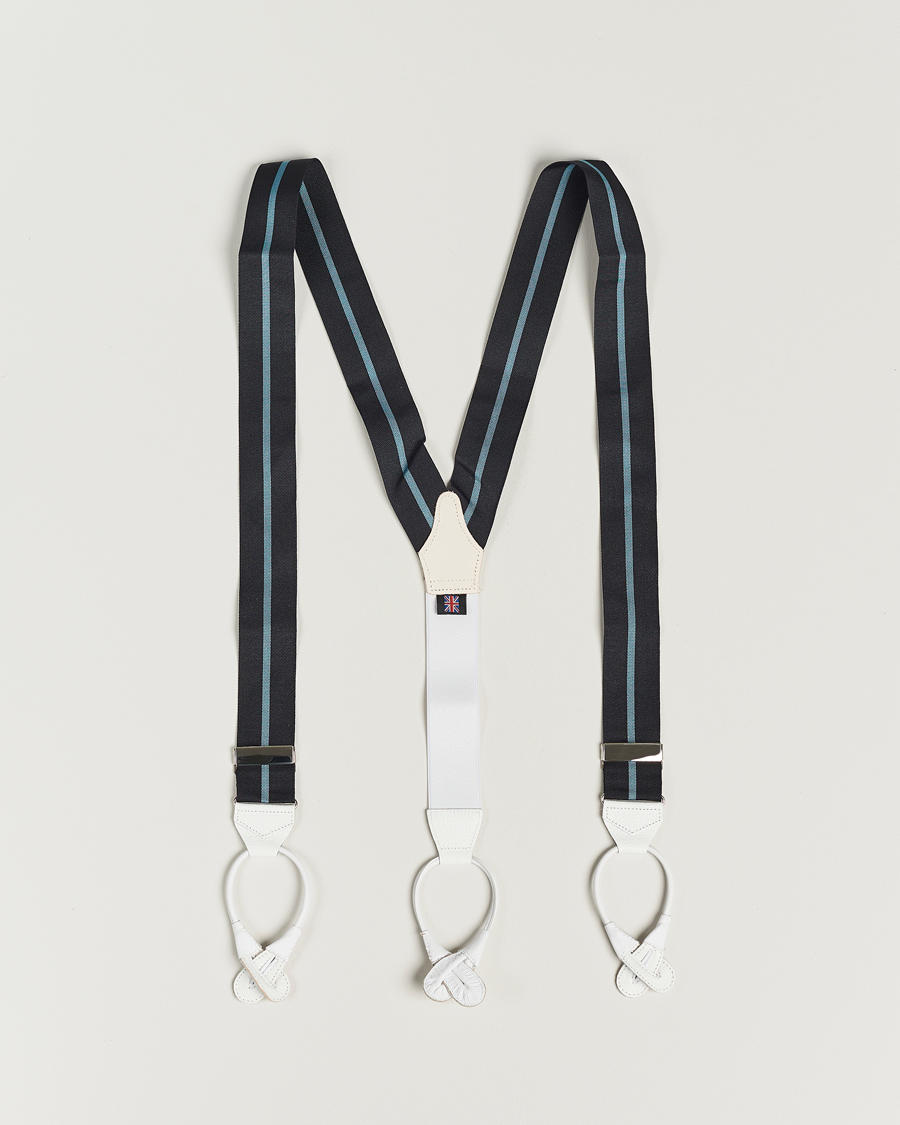 Heren | Albert Thurston Thin Stripe Braces 40mm Black/Sky | Albert Thurston | Thin Stripe Braces 40mm Black/Sky