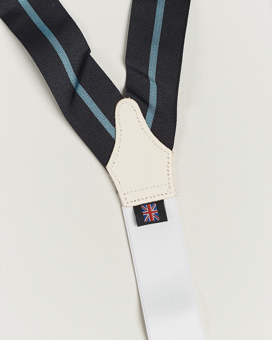 Heren | Albert Thurston Thin Stripe Braces 40mm Black/Sky | Albert Thurston | Thin Stripe Braces 40mm Black/Sky