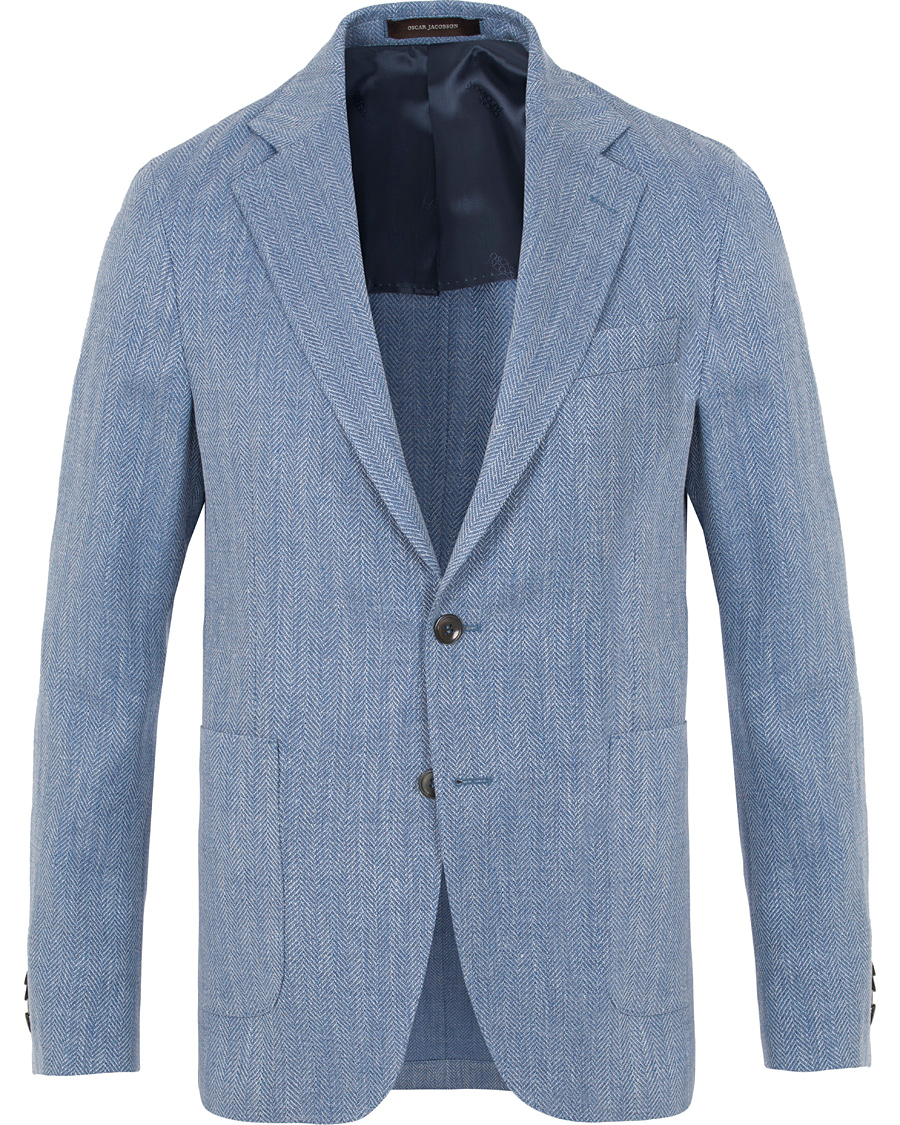 Heren | Blazers | Oscar Jacobson | Epic Linen/Wool Herringbone Blazer Light Blue