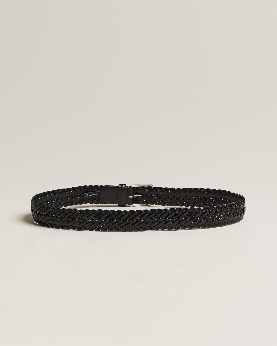 Heren | Italian Department | Anderson's | Woven Leather 3,5 cm Belt Tanned Black