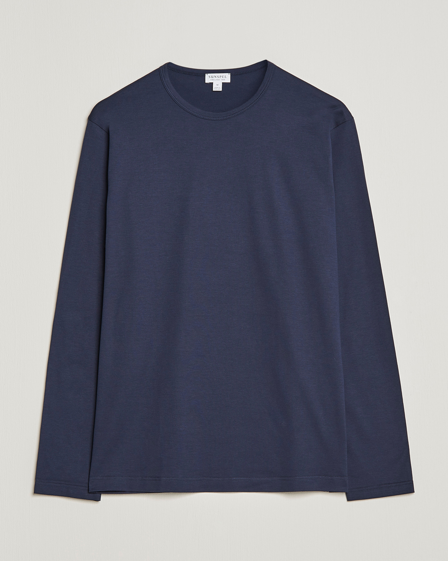 Heren | T-shirts | Sunspel | Long Sleeve Crew Neck Cotton Tee Navy