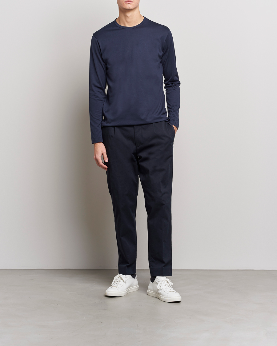 Heren | T-shirts | Sunspel | Long Sleeve Crew Neck Cotton Tee Navy