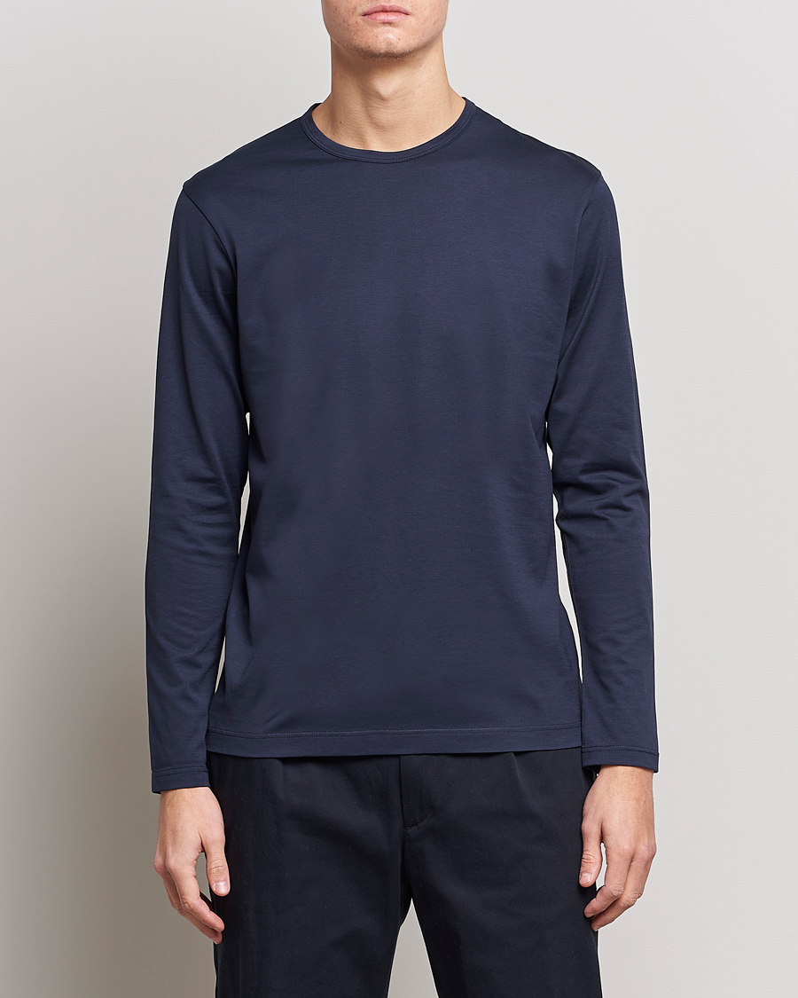 Heren | Loungewear | Sunspel | Long Sleeve Crew Neck Cotton Tee Navy