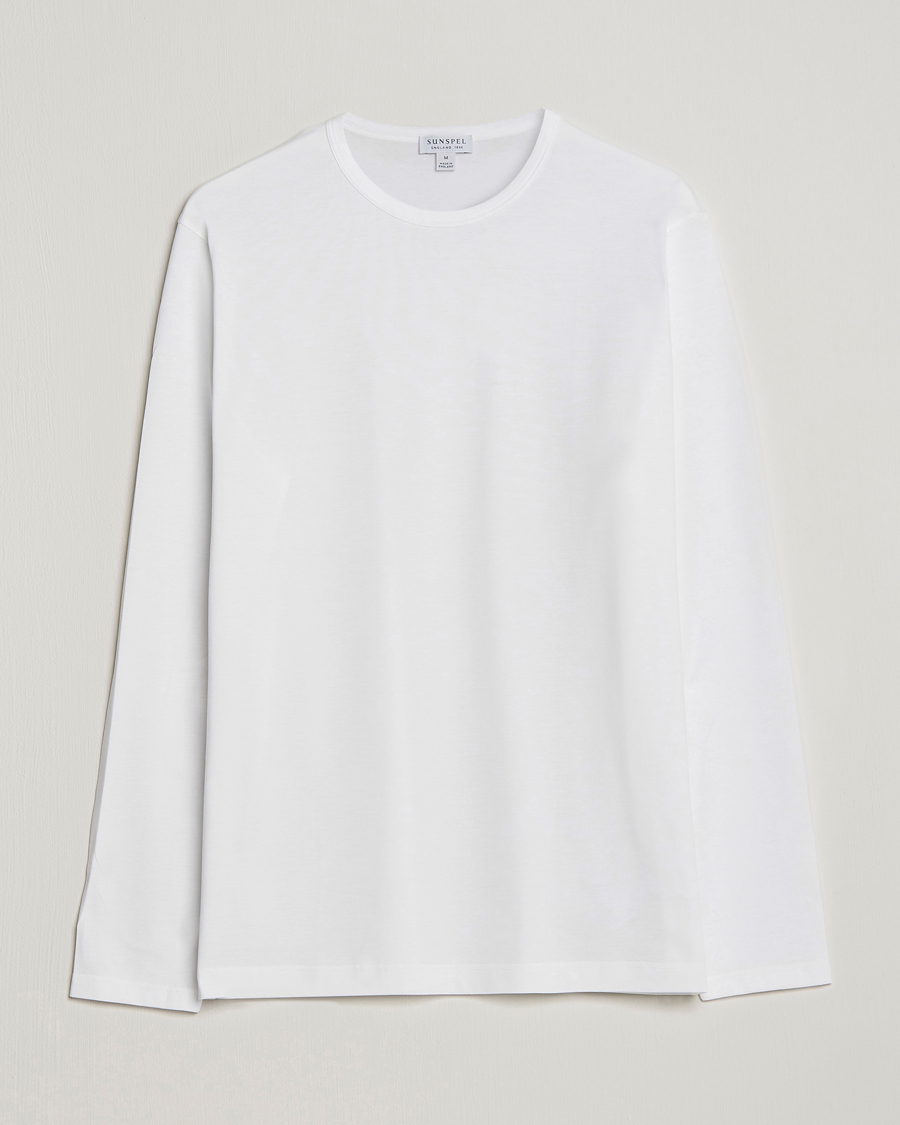 Heren | T-shirts | Sunspel | Long Sleeve Crew Neck Cotton Tee White