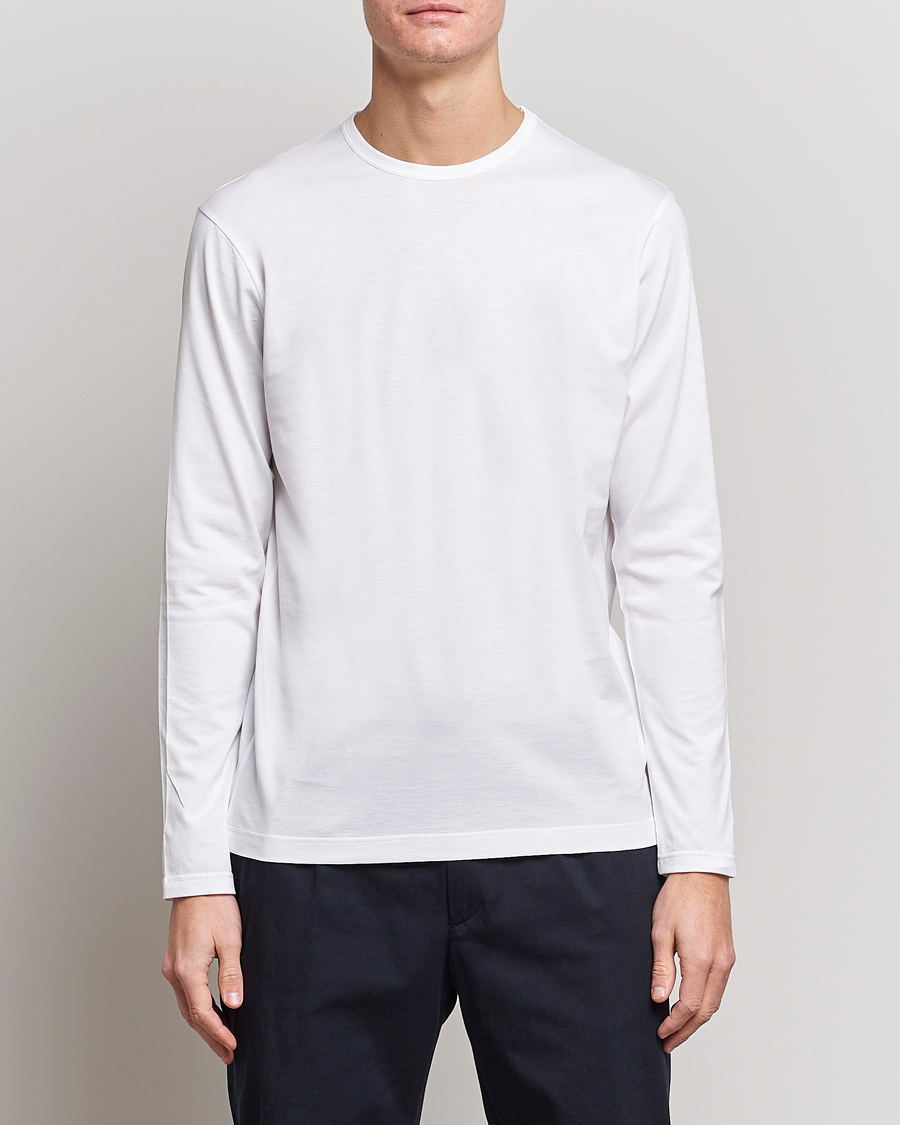 Heren | T-shirts met lange mouwen | Sunspel | Long Sleeve Crew Neck Cotton Tee White