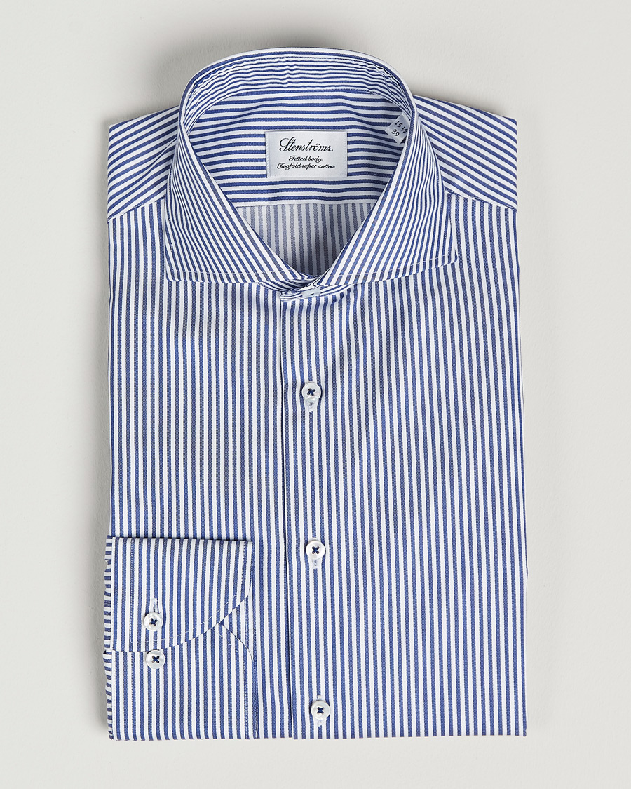 Heren | Zakelijke overhemden | Stenströms | Fitted Body Stripe Shirt White/Blue