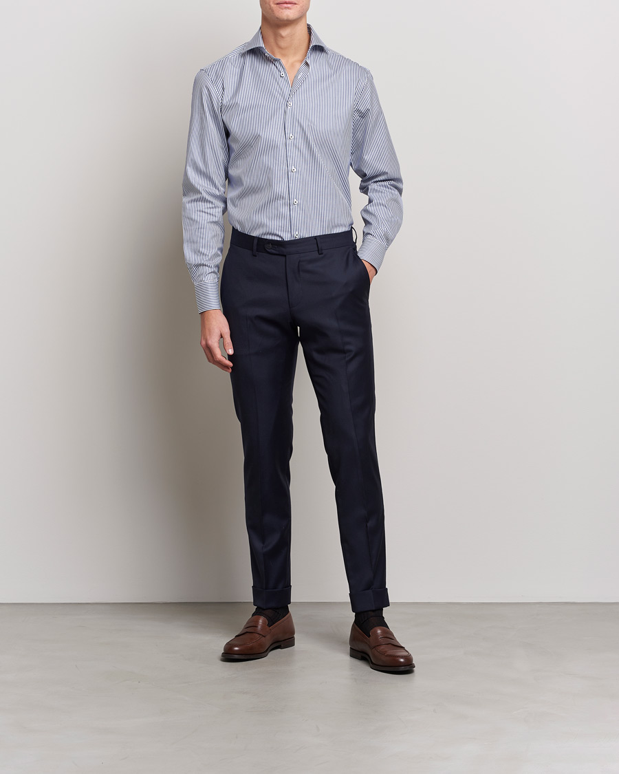 Heren | Zakelijke overhemden | Stenströms | Fitted Body Stripe Shirt White/Blue
