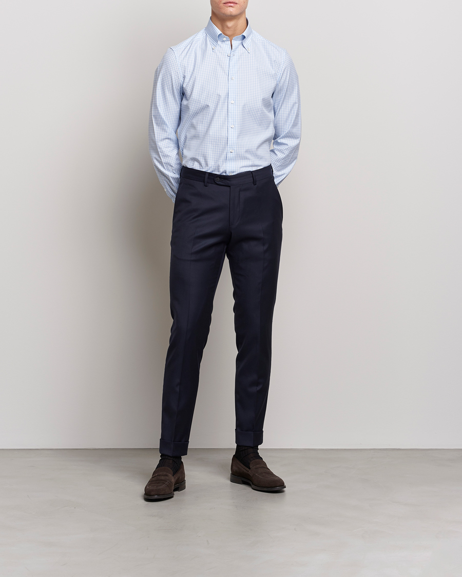 Heren | Zakelijke overhemden | Stenströms | 1899 Slimline Button Down Check Shirt White/Blue