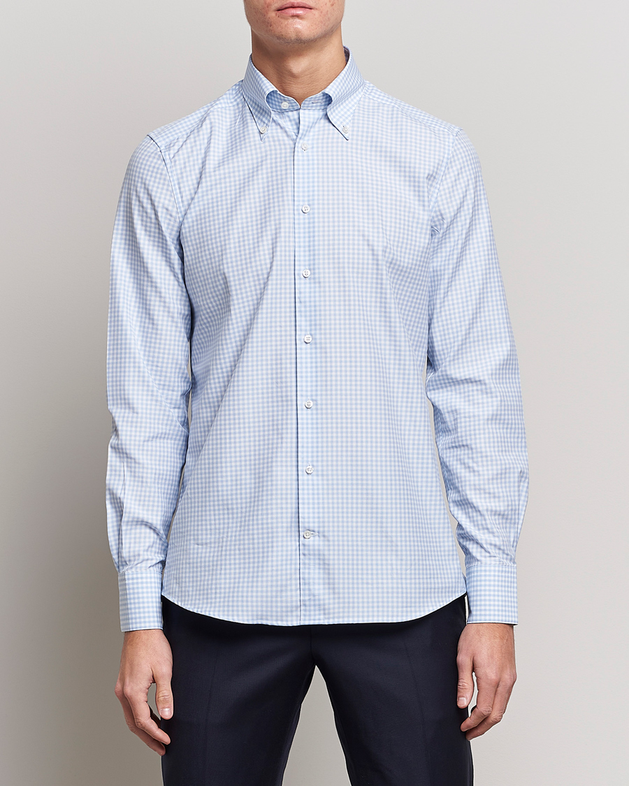 Heren | Zakelijke overhemden | Stenströms | 1899 Slimline Button Down Check Shirt White/Blue