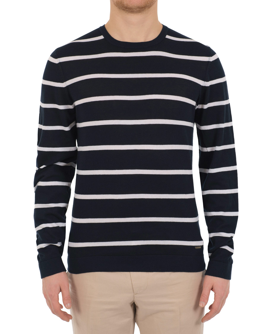 Heren | Truien | HUGO | Simun Stripe Knitted Crew Neck Navy/White