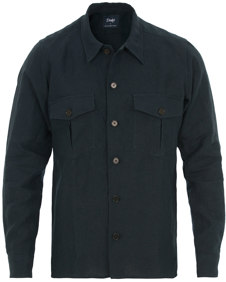 Heren | Overhemden | Drake's | Linen 2 Pocket Schacket Navy