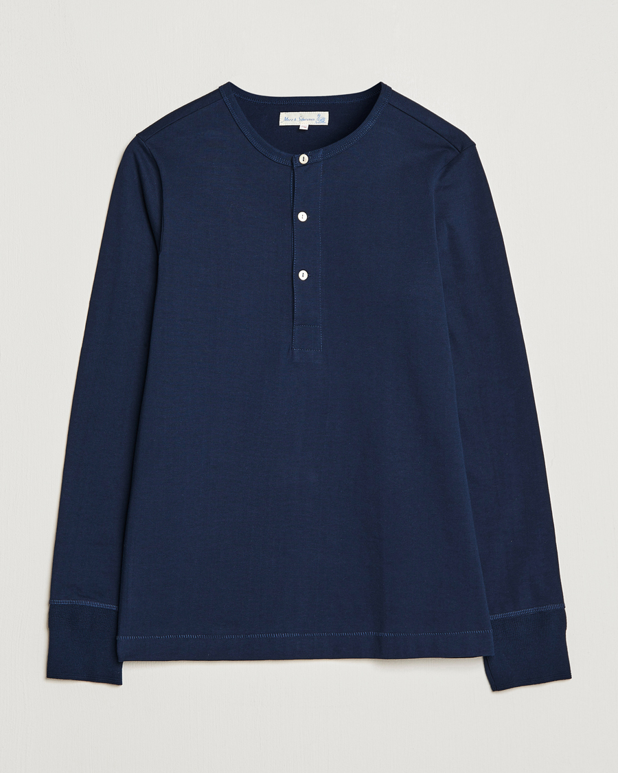 Heren | Truien | Merz b. Schwanen | Classic Organic Cotton Henley Sweater Ink Blue