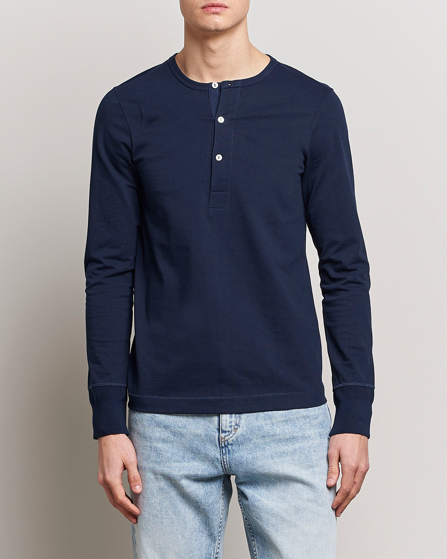 Heren | Henley shirts | Merz b. Schwanen | Classic Organic Cotton Henley Sweater Ink Blue
