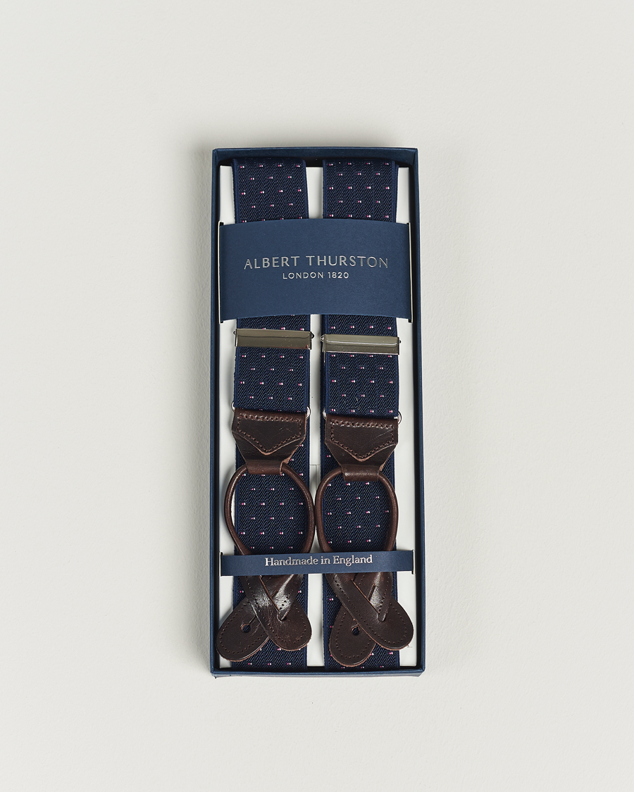 Heren | Albert Thurston Elastic Dot Braces 35mm Blue | Albert Thurston | Elastic Dot Braces 35mm Blue