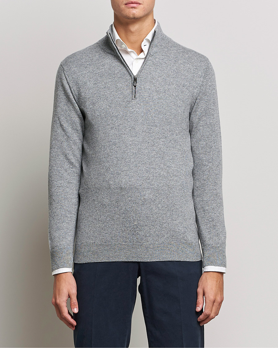 Heren | Italian Department | Piacenza Cashmere | Cashmere Half Zip Sweater Light Grey