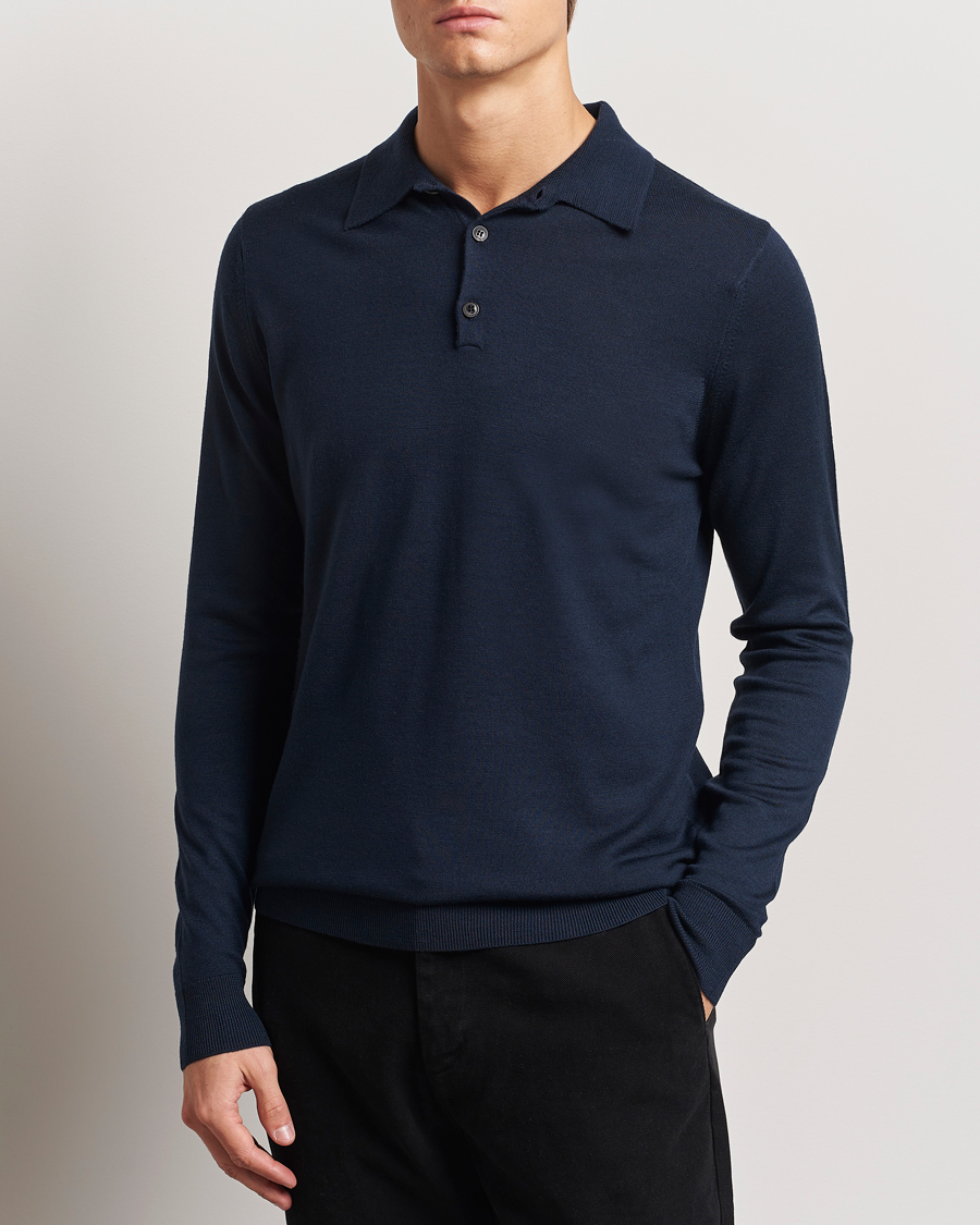 Men | Knitted Polo Shirts | Sunspel | Long Sleeve Polo Navy